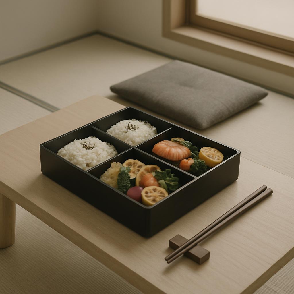 A square, divider-sectioned black container holds an assortment of small, neatly arranged sushi dishes, suggesting a Bento...