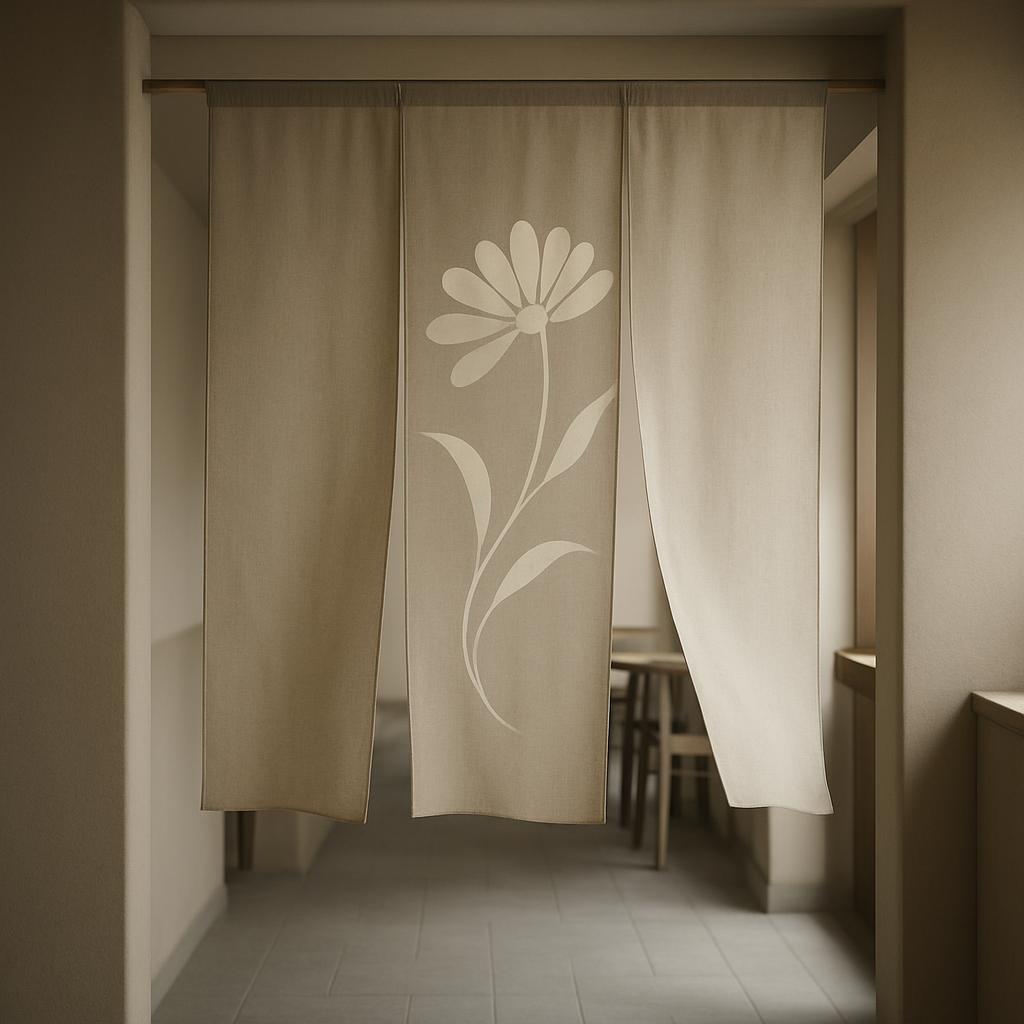 A beige curtain with a flower pattern hangs in a doorway. The curtain, with a flower motif outlined in beige, hangs in a d...